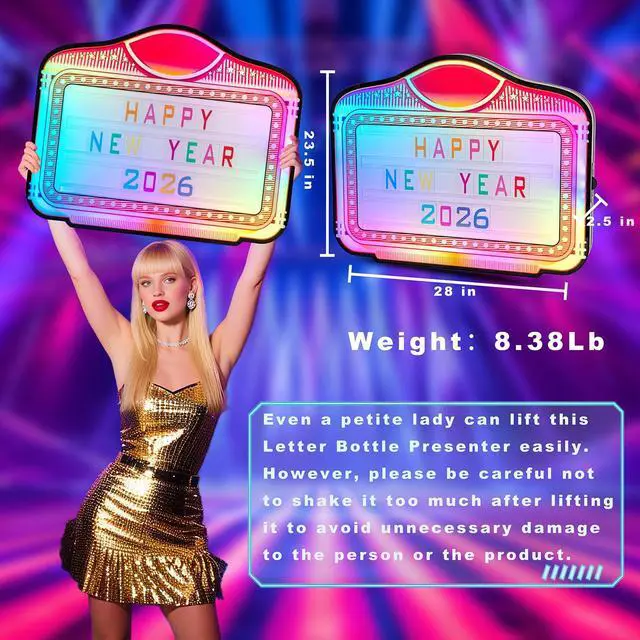Alt view image 4 of 7 - Bottle Service Sign, Handheld LED Bottle Presenter with Color Letters, RGB Message Light Box, Letter Lock Anti-Drop Design, Acrylic VIP Display for Nightclub Bar Event, Battery Powered, 28 x 24 In
