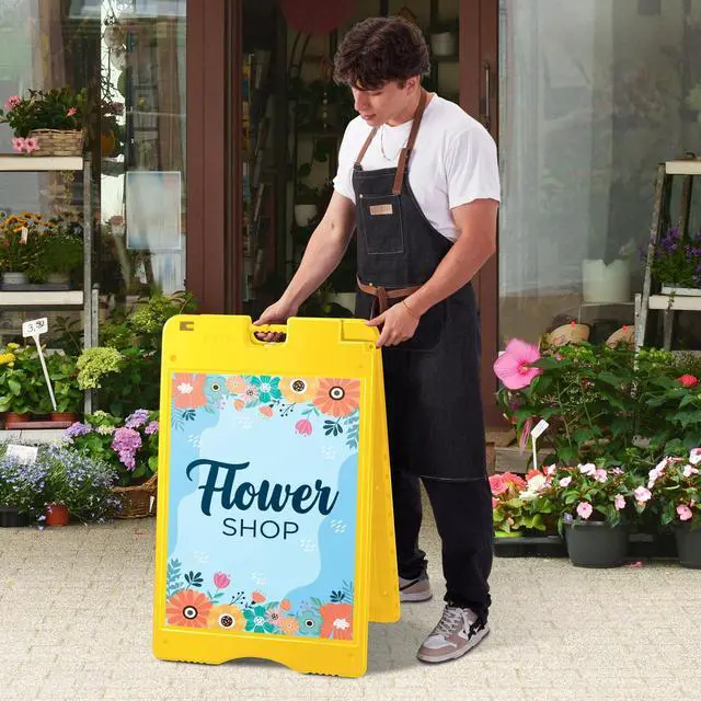 Alt view image 2 of 7 - A-Frame Signboard 22 x 28 Display Surface Large Outdoor Sandwich Board w/Weather Resistant PVC Sign Protector & Sand Fill Holes Dual Signage Stand for Storefront Sidewalk Curb (Yellow)