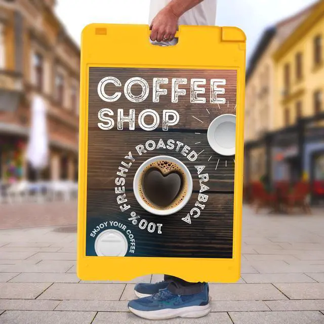 Alt view image 5 of 7 - A-Frame Signboard 22 x 28 Display Surface Large Outdoor Sandwich Board w/Weather Resistant PVC Sign Protector & Sand Fill Holes Dual Signage Stand for Storefront Sidewalk Curb (Yellow)