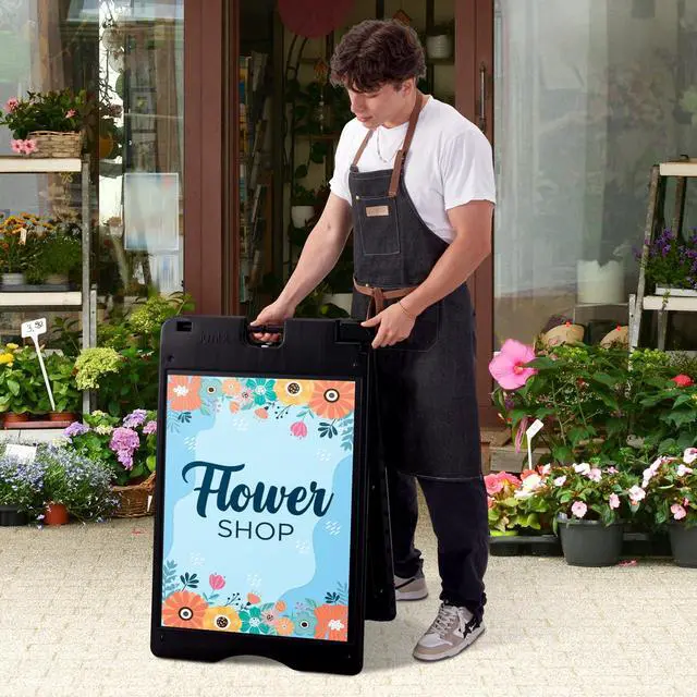 Alt view image 2 of 7 - A-Frame Signboard 22 x 28 Display Surface Large Outdoor Sandwich Board w/Weather Resistant PVC Sign Protector & Sand Fill Holes Dual Signage Stand for Storefront Sidewalk Curb (Black)