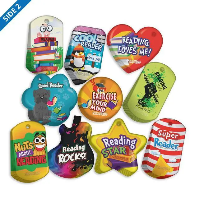 Alt view image 2 of 7 - Student Reading Incentives Brag Tag Value Pack: 500 Colorful, Waterproof, Reading Encouragement Tags (50 Tags for Each Shape)