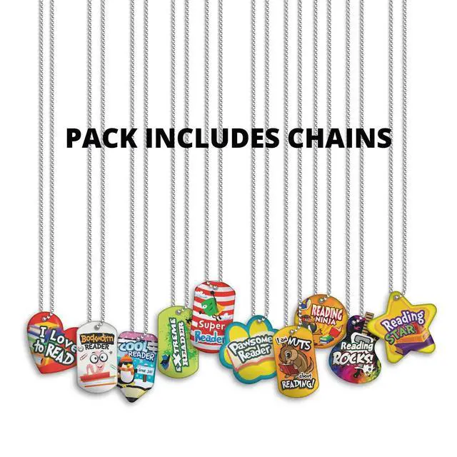 Alt view image 3 of 6 - Student Reading Incentives Brag Tag Value Pack: 500 Colorful, Waterproof, Reading Encouragement Tags (50 Tags for Each Shape) + 150 USA-Made 24" Hypoallergenic Aluminum Safety Chains