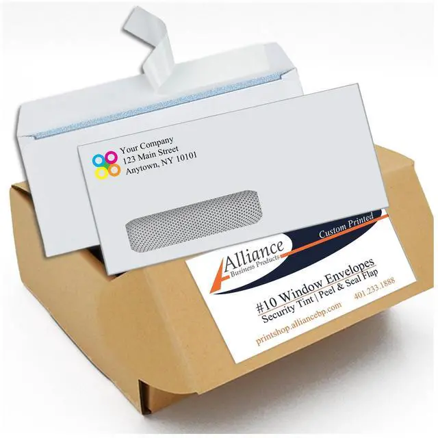 Main image of 2500#10 Commercial Custom Printed Envelopes, White, Single Left Window, Self Seal, Security Tinted, Text and Logo Customization, Size 4-1/8 x 9-1/2 Inches, 24 LB