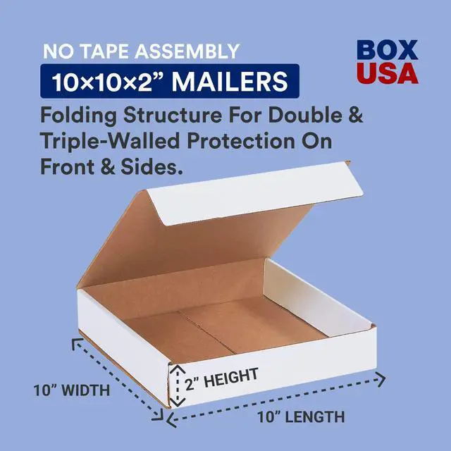 Alt view image 2 of 6 - AVIDITI Small Shipping Boxes 10"L x 10"W x 2"H, 50-Pack | Foldable Corrugated Cardboard Crush-Proof Box for Shipping, Packing, Moving and Storage 10x10x2