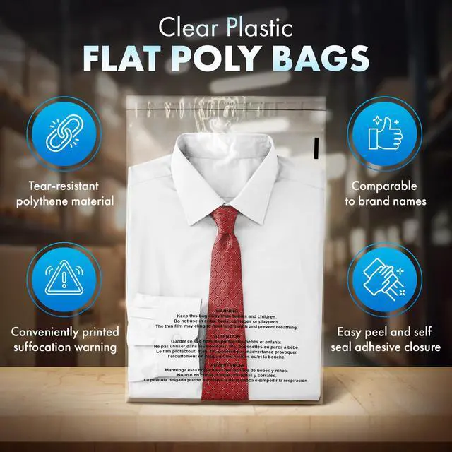Alt view image 2 of 6 - 1000 Pack 14.5x19 Clear Poly Bag with Suffocation Warning Self-Seal Adhesive, 1.5 Mil Clear Bag for FBA, Packaging Bags, Clothes Storage, & Shipping Bags Resealable Poly Mailers