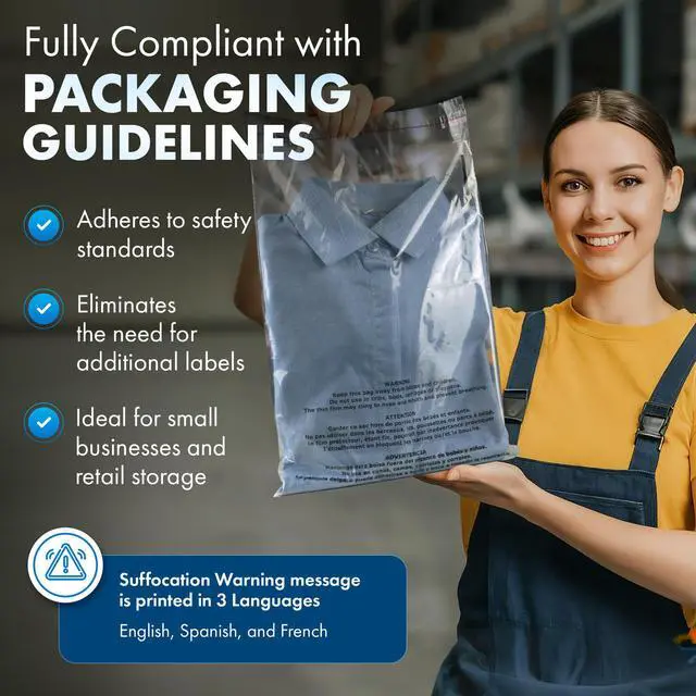 Alt view image 4 of 6 - 1000 Pack 14.5x19 Clear Poly Bag with Suffocation Warning Self-Seal Adhesive, 1.5 Mil Clear Bag for FBA, Packaging Bags, Clothes Storage, & Shipping Bags Resealable Poly Mailers