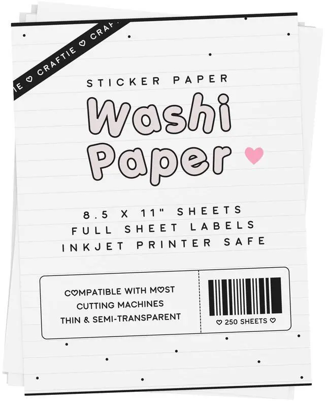 Main image of 8.5 x 11 Washi Paper Sticker Paper White Printable Inkjet Printer Compatible Full Sheet Letter Size Labels (250 Sheets)