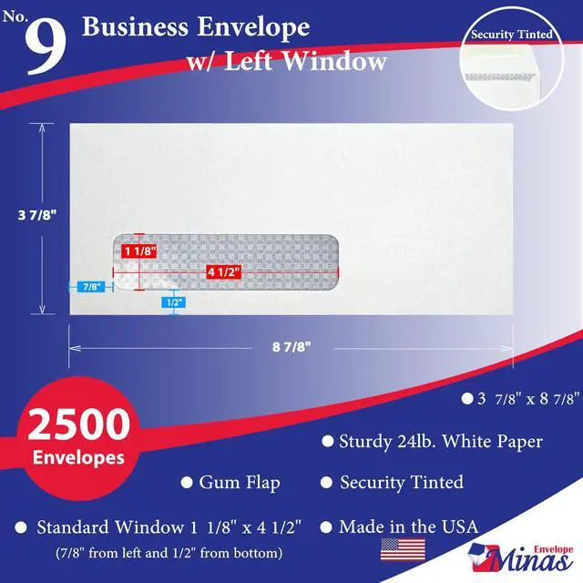 Alt view image 2 of 4 - 2500 - No. 9 Business Envelopes, Left Window, 3 7/8 x 8 7/8 Inches, 24lb White Paper with Blue Tint, Security Gum Flap, 500 Count, Made in USA, 2500 Count