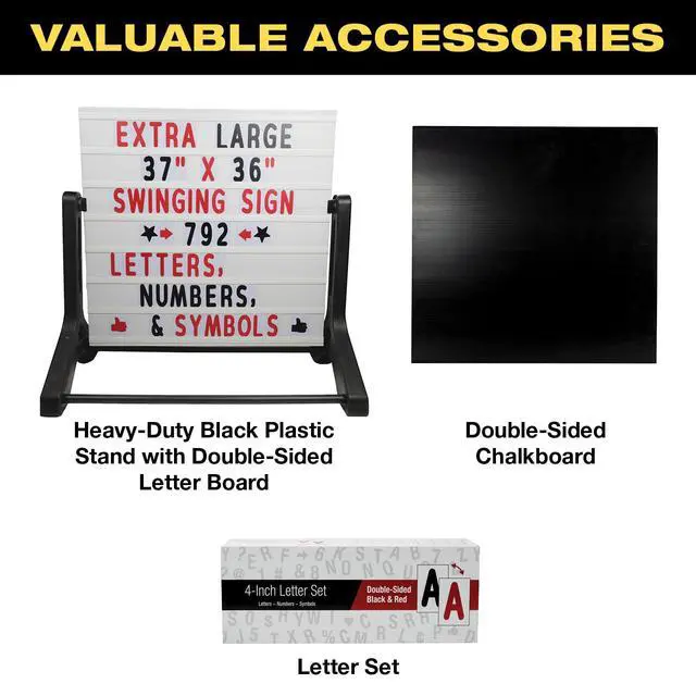 Alt view image 2 of 6 - Swinging Changable Message Sidewalk Sign: 37" x 36" Sign with 792 Pre-Cut Double Sided Letters and Storage Box. Includes Black Sign Board & 4 Liquid Chalkboard & Letter Board