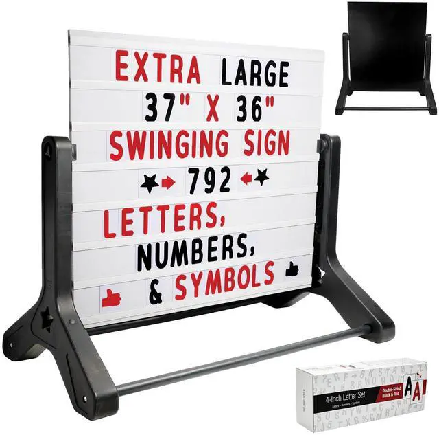 Main image of Swinging Changable Message Sidewalk Sign: 37" x 36" Sign with 792 Pre-Cut Double Sided Letters and Storage Box. Includes Black Sign Board & 4 Liquid Chalkboard & Letter Board
