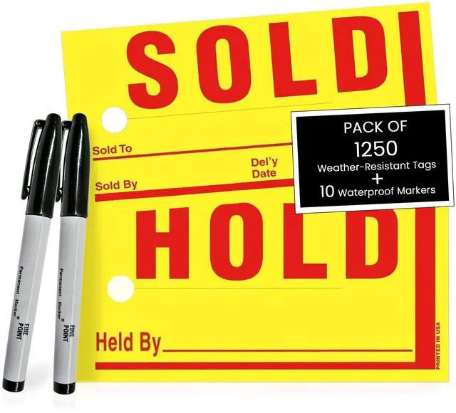 Main image of Jumbo Hold/Sold Tags with 10 Markers, Waterproof 8" x 4" Yellow, 1250 Pack | Laminated weather-resistant tags with bold print for vehicle displays; includes waterproof markers