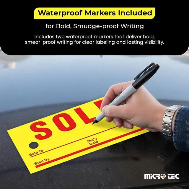 Alt view image 4 of 7 - Jumbo Hold/Sold Tags with 10 Markers, Waterproof 8" x 4" Yellow, 1250 Pack | Laminated weather-resistant tags with bold print for vehicle displays; includes waterproof markers