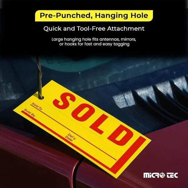 Alt view image 5 of 7 - Jumbo Hold/Sold Tags with 10 Markers, Waterproof 8" x 4" Yellow, 1250 Pack | Laminated weather-resistant tags with bold print for vehicle displays; includes waterproof markers
