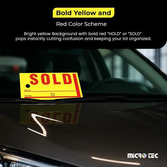 Alt view image 2 of 7 - Jumbo Hold/Sold Tags with 10 Markers, Waterproof 8" x 4" Yellow, 1250 Pack | Laminated weather-resistant tags with bold print for vehicle displays; includes waterproof markers