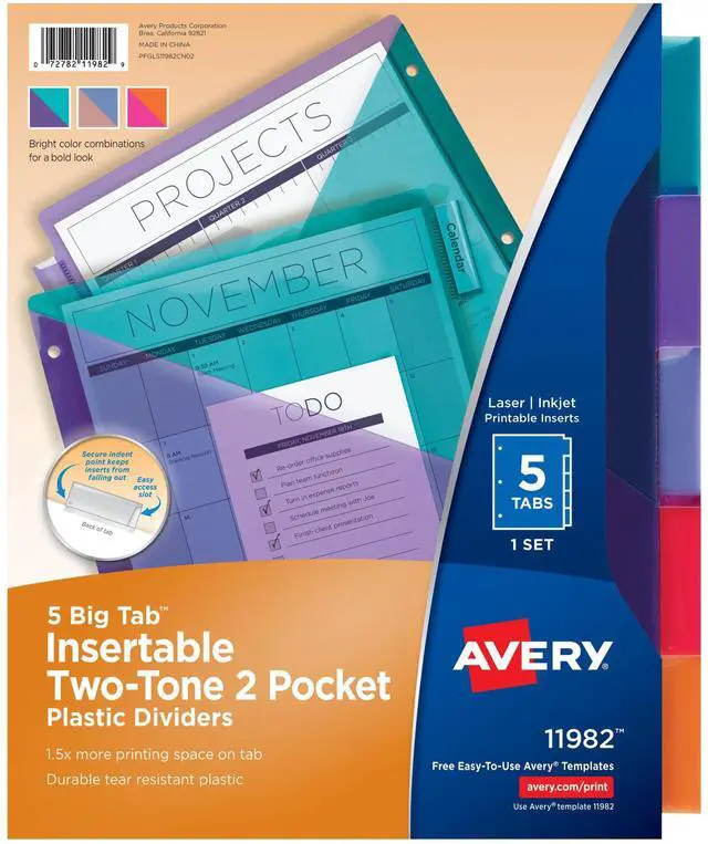 Main image of Big Tab Insertable Plastic 2 Pocket Dividers for 3 Ring Binders, 5-Tab Sets, Two-Tone Multicolor, Works with Sheet Protectors, 24 Sets (11982)
