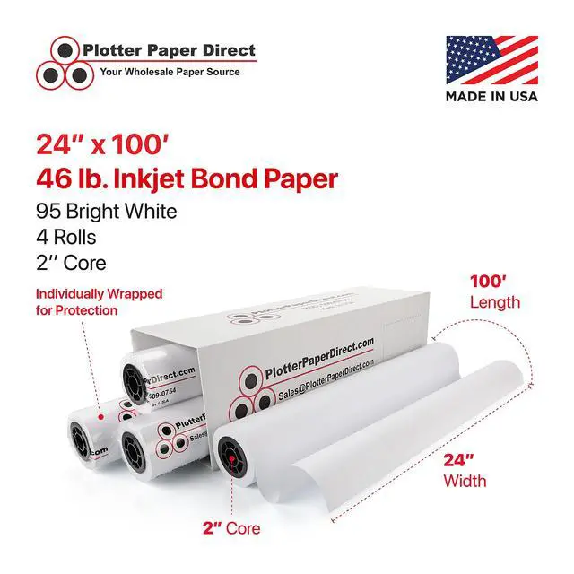 Alt view image 2 of 6 - 24in x 100ft Coated White Plotter Paper, 46 Lb, 2'' Core, 95 Bright White, for CAD Printing on Wide Format Ink Jet Printers (4-Pack)