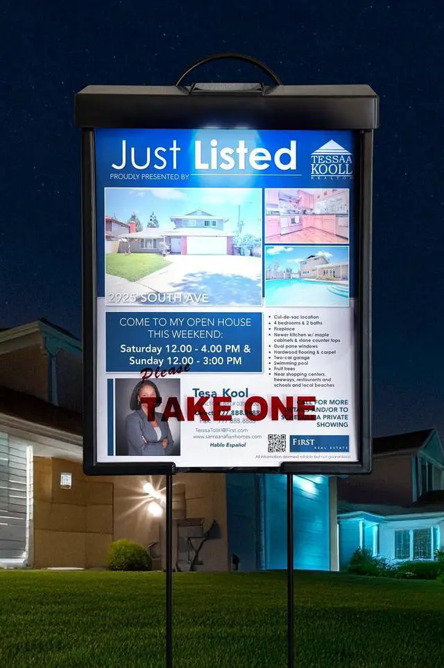 Alt view image 2 of 7 - Outdoor Real Estate Brochure Box with Solar LED Lid, Snap-Shut Take One Holder, Portable Two-Piece Metal Yard Stake Legs, 39"(Black with Solar Lid, Pack of 6)