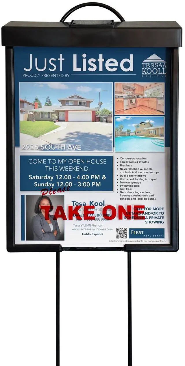 Alt view image 4 of 7 - Outdoor Real Estate Brochure Box with Solar LED Lid, Snap-Shut Take One Holder, Portable Two-Piece Metal Yard Stake Legs, 39"(Black with Solar Lid, Pack of 6)