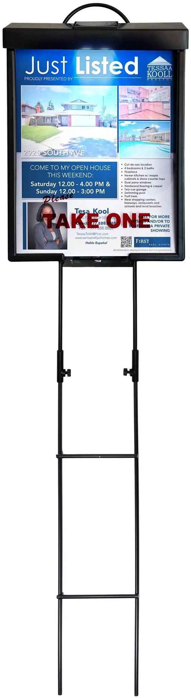 Alt view image 7 of 7 - Outdoor Real Estate Brochure Box with Solar LED Lid, Snap-Shut Take One Holder, Portable Two-Piece Metal Yard Stake Legs, 39"(Black with Solar Lid, Pack of 6)