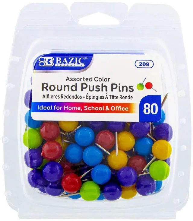 Main image of Round Push Pins, Assorted Colors, 80 Ct, 144-Case | sharp steel points that hold notes, photos, reminders on cork and bulletin boards