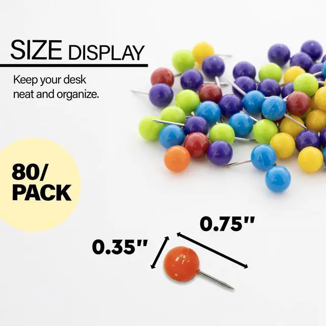 Alt view image 2 of 7 - Round Push Pins, Assorted Colors, 80 Ct, 144-Case | sharp steel points that hold notes, photos, reminders on cork and bulletin boards