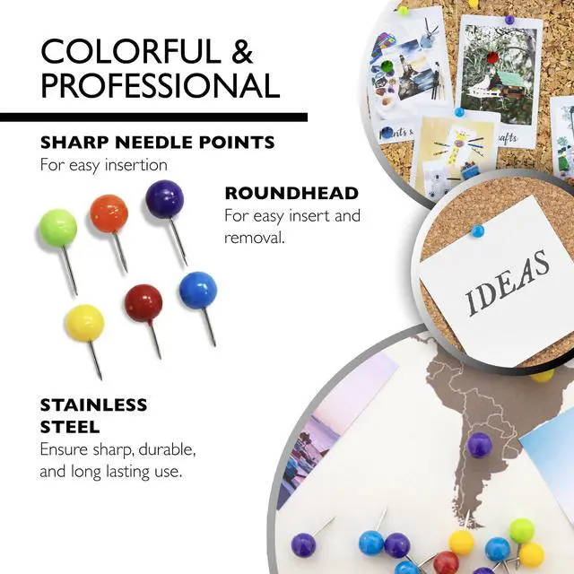 Alt view image 3 of 7 - Round Push Pins, Assorted Colors, 80 Ct, 144-Case | sharp steel points that hold notes, photos, reminders on cork and bulletin boards