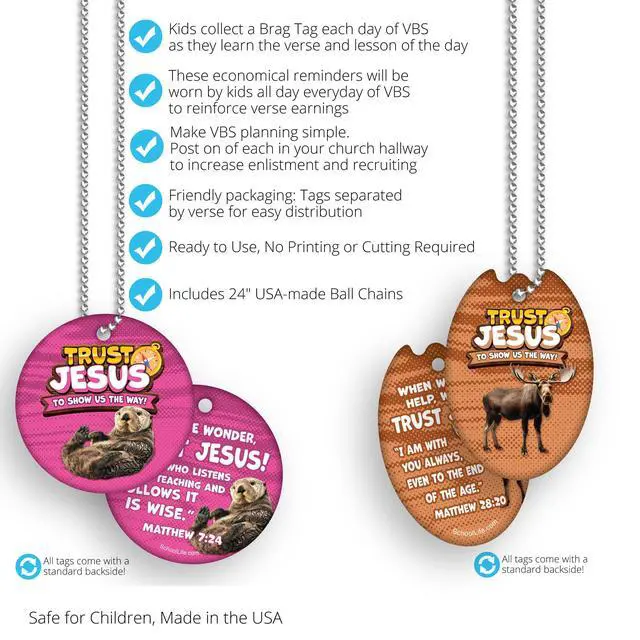 Alt view image 4 of 7 - 2025 VBS (Vacation Bible School) Faith Tag Value Pack. Trust North for Direction: 500 Brag Tags (100 Tags per Design) + 150 Hypoallergenic, USA-Made Aluminum Safety Chains