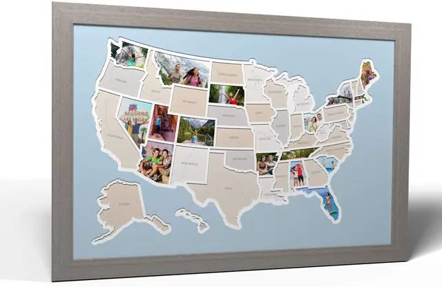 Main image of 50 States USA Photo Map - Frame Optional - Made in America (Caribbean, Grey Frame)