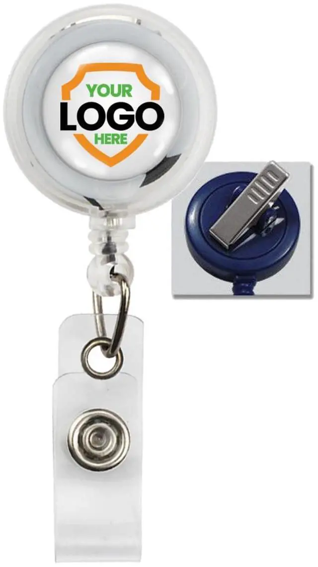 Main image of Bulk 100 Pack - Custom Badge Reels with Alligator Clip - Premium Customized Dome Label Retractable I'D Holder for Medical/Hospital Staff, Company Logo, Office and More (Clear)