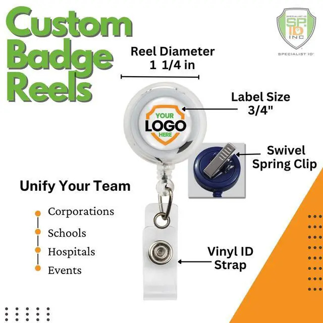 Alt view image 2 of 7 - Bulk 100 Pack - Custom Badge Reels with Alligator Clip - Premium Customized Dome Label Retractable I'D Holder for Medical/Hospital Staff, Company Logo, Office and More (Clear)