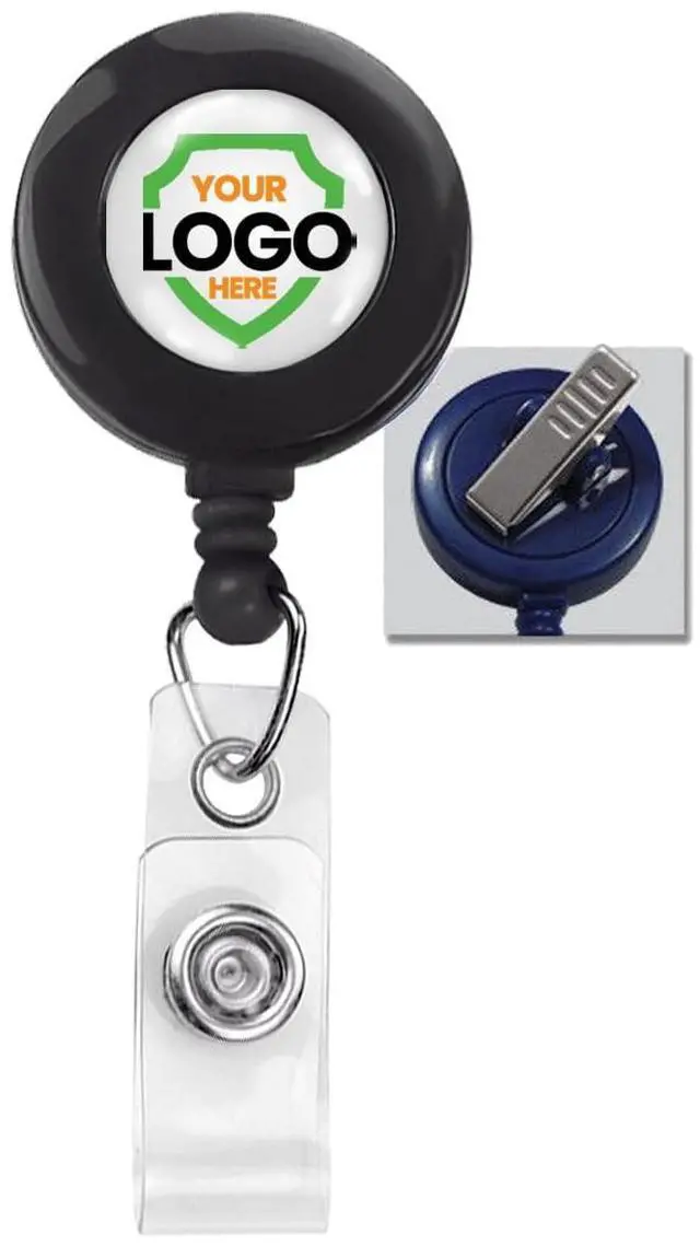 Main image of Bulk 100 Pack - Custom Badge Reels with Alligator Clip - Premium Customized Dome Label Retractable I'd Holder for Medical/Hospital Staff, Company Logo, Office and More by (Black)
