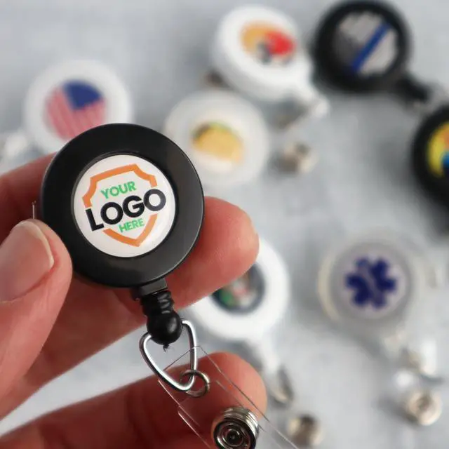 Alt view image 4 of 7 - Bulk 100 Pack - Custom Badge Reels with Alligator Clip - Premium Customized Dome Label Retractable I'D Holder for Medical/Hospital Staff, Company Logo, Office and More (Clear)