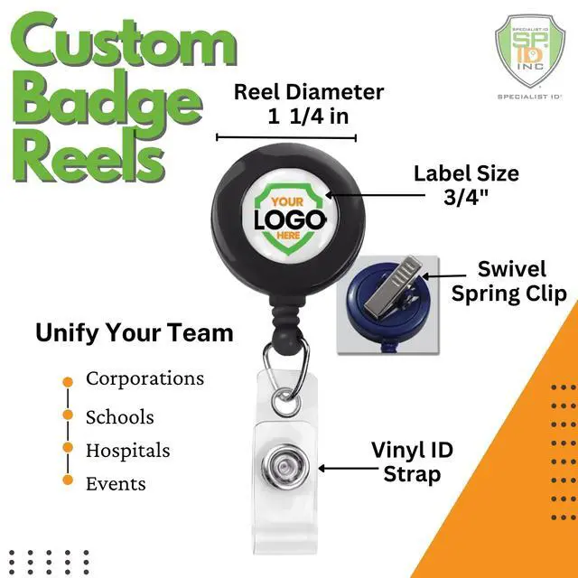 Alt view image 2 of 7 - Bulk 100 Pack - Custom Badge Reels with Alligator Clip - Premium Customized Dome Label Retractable I'd Holder for Medical/Hospital Staff, Company Logo, Office and More by (Black)