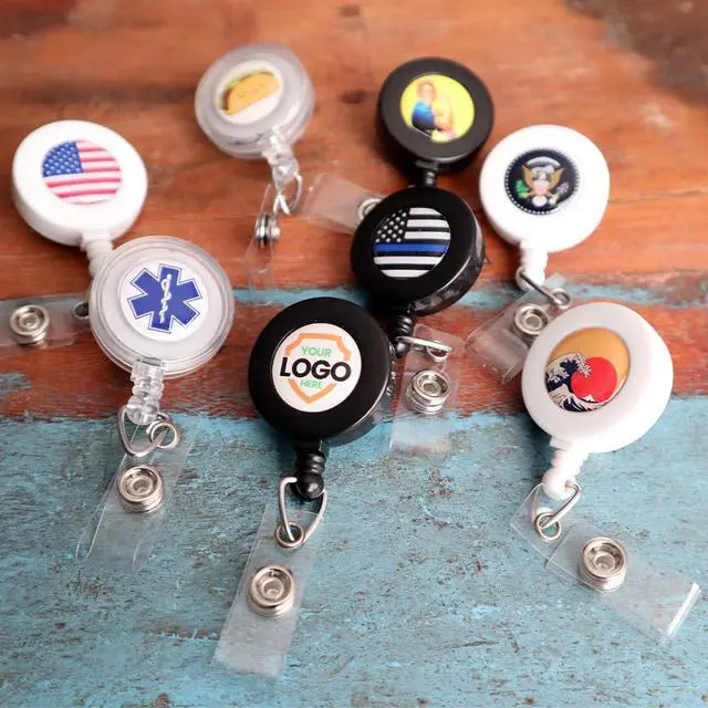 Alt view image 5 of 7 - Bulk 100 Pack - Custom Badge Reels with Alligator Clip - Premium Customized Dome Label Retractable I'D Holder for Medical/Hospital Staff, Company Logo, Office and More (Clear)
