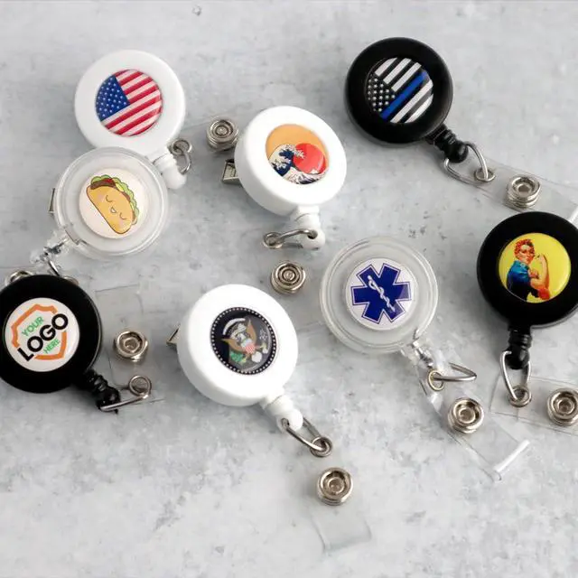 Alt view image 6 of 7 - Bulk 100 Pack - Custom Badge Reels with Alligator Clip - Premium Customized Dome Label Retractable I'D Holder for Medical/Hospital Staff, Company Logo, Office and More (Clear)