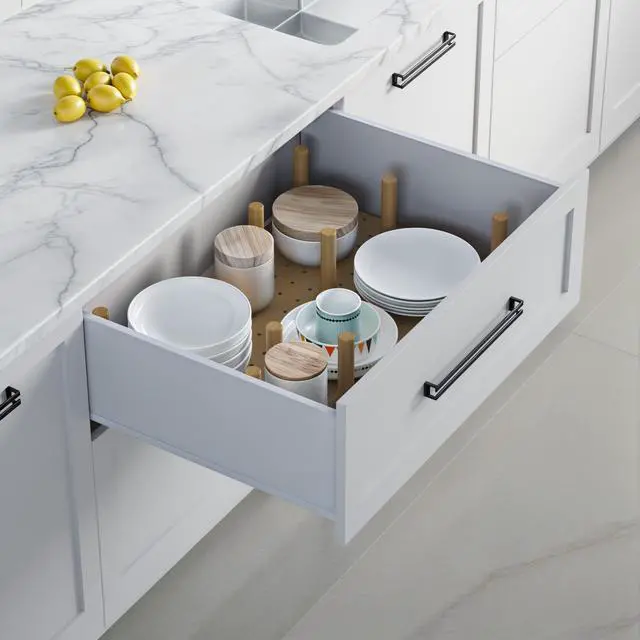 Alt view image 7 of 7 - Dowell 4-Piece Wood Pegboard Drawer Divider Organizer Set with 9 Wooden Pegs Adjustable to Fit Drawers of Various Sizes, Customizable Storage for Pots, Pans, and Plates-4007 3319 9P (33"X18-1/2")