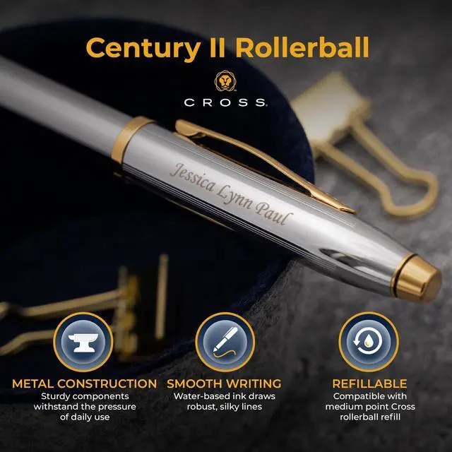 Alt view image 4 of 7 - Cross Century II Medalist Rollerball Pen, Chrome and Gold Appointments, Custom Engraved Graduation, Retirement, Promotion, or Holiday Gift
