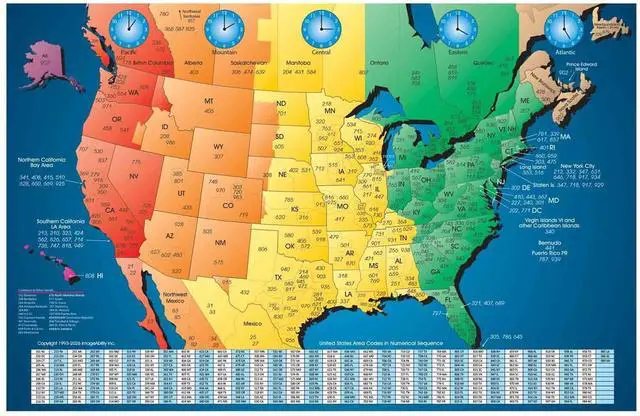Main image of North America Laminated Gloss Time Zone Area Code Map with Reverse Lookup, Extra Large Wall Size 31 by 48 Inches