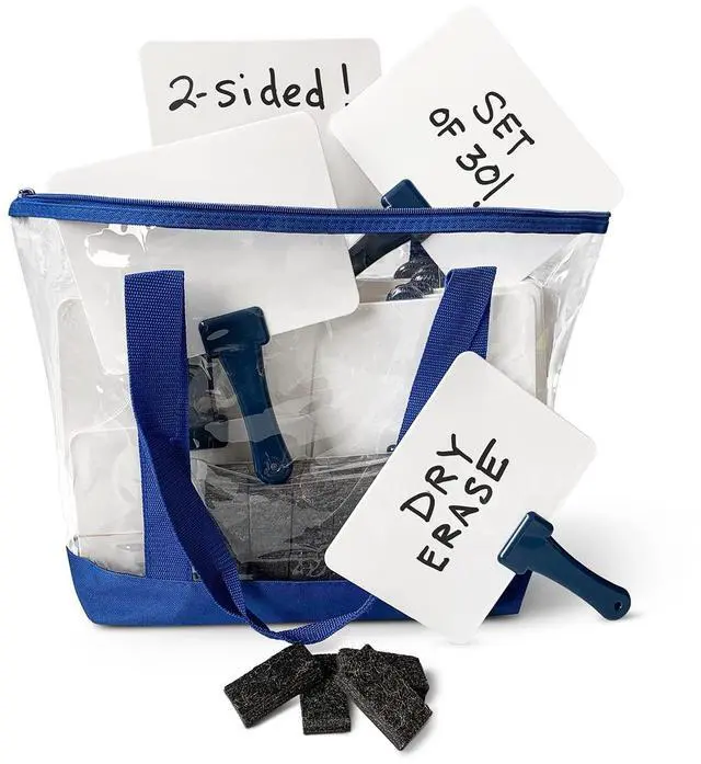 Main image of Deluxe Whiteboards Combo Set: 30 Two-Sided Dry-Erase Answer Boards with Tote Bag & Mini Erasers | Sturdy, Easy-to-Hold & Clean, Blue Handles (6" x 7.75")
