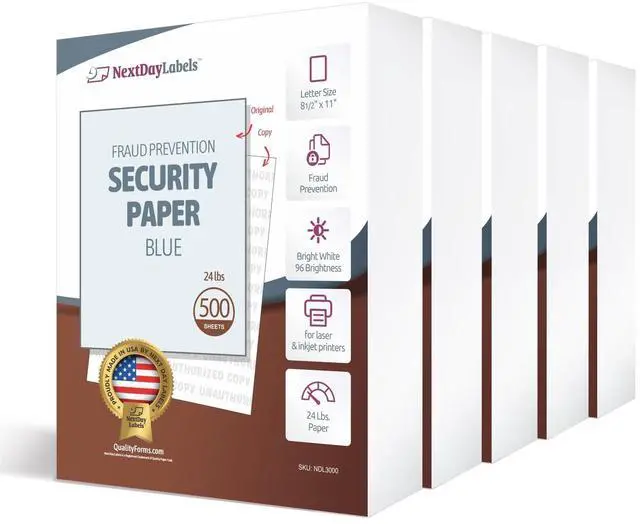 Main image of Blue Security Paper Multi-Purpose UNAUTHORIZED COPY Fraud Prevention Laser & Inkjet Printer Compatible 8.5" x 11 24 lb 500 Sheets (Case of 2,500)