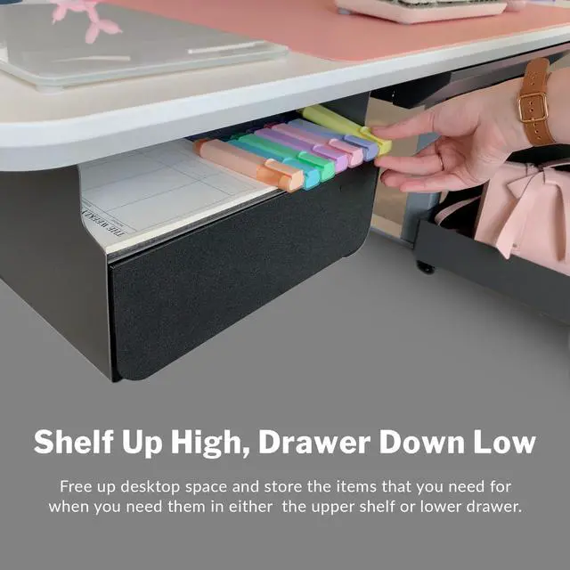 Alt view image 3 of 7 - Steel Under Desk Storage Organizer with Drawer - Slim Hanging File Storage Shelf and Stationary Tray - Easy Assembly - Home Office Desk Accessory - Black, 13.39" x1 9.29" x 9.45"