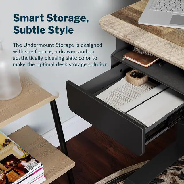 Alt view image 2 of 7 - Steel Under Desk Storage Organizer with Drawer - Slim Hanging File Storage Shelf and Stationary Tray - Easy Assembly - Home Office Desk Accessory - Black, 13.39" x1 9.29" x 9.45"