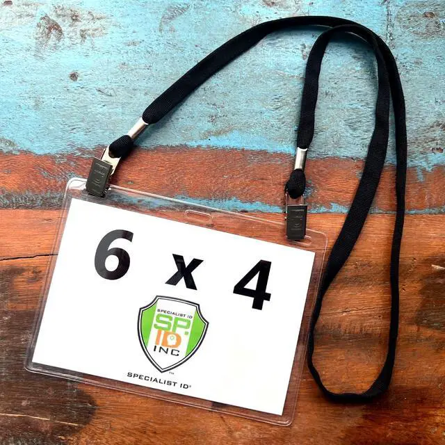 Alt view image 3 of 5 - Bulk 100 Pack - 6x4 Badge Holder Horizontal Name Tag Holder & Lanyard with 2 Clips - Extra Large Clear Vinyl Plastic Horizontal 4x6 Badge Holder Sleeve & Premium Lanyards by (Black)