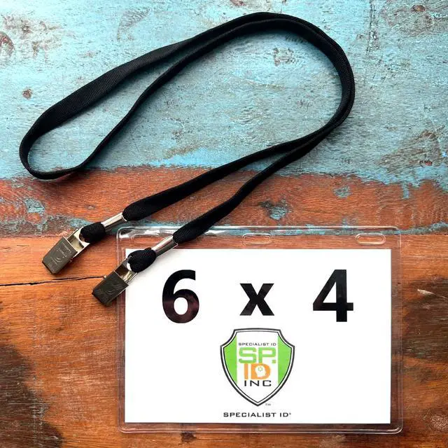Alt view image 2 of 5 - Bulk 100 Pack - 6x4 Badge Holder Horizontal Name Tag Holder & Lanyard with 2 Clips - Extra Large Clear Vinyl Plastic Horizontal 4x6 Badge Holder Sleeve & Premium Lanyards by (Black)