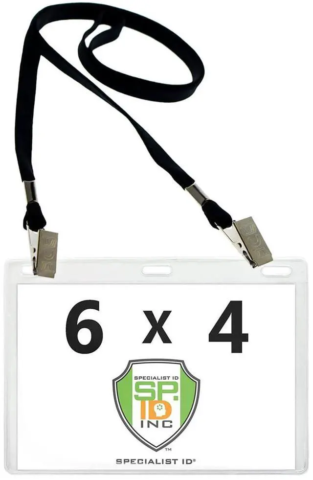Main image of Bulk 100 Pack - 6x4 Badge Holder Horizontal Name Tag Holder & Lanyard with 2 Clips - Extra Large Clear Vinyl Plastic Horizontal 4x6 Badge Holder Sleeve & Premium Lanyards by (Black)