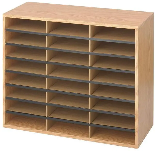 Main image of Literature Organizer, 24 Compartments, Office and Classroom Mailbox with Adjustable Shelves, Wood Paper and Mail Sorter, Medium Oak