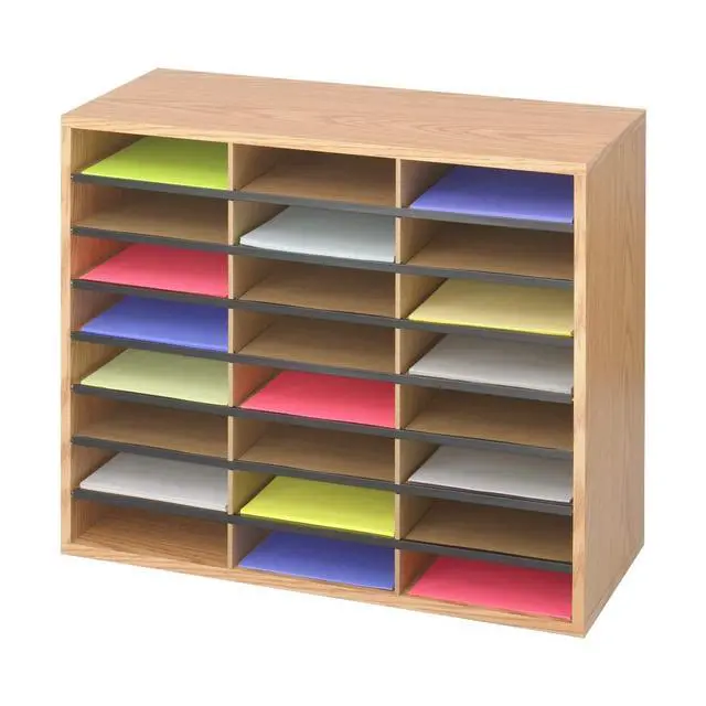 Alt view image 3 of 3 - Literature Organizer, 24 Compartments, Office and Classroom Mailbox with Adjustable Shelves, Wood Paper and Mail Sorter, Medium Oak