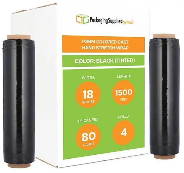 Main image of PSBM Tinted Black Stretch Wrap, 4 Rolls 18 Inch x 1500 Feet 80 Gauge, Heavy Duty Plastic Wrap Industrial Strength Shrink Film for Moving, Packing & Shipping