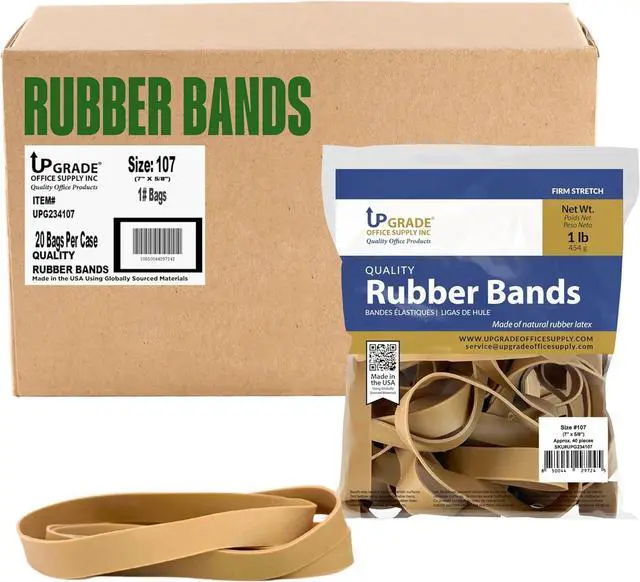 Main image of Upgrade Office Supply Rubber Bands, Size 107, 7 x 5/8 in, 20 Pack, 800 Count, Heavy Duty Wide Bands, Made in USA