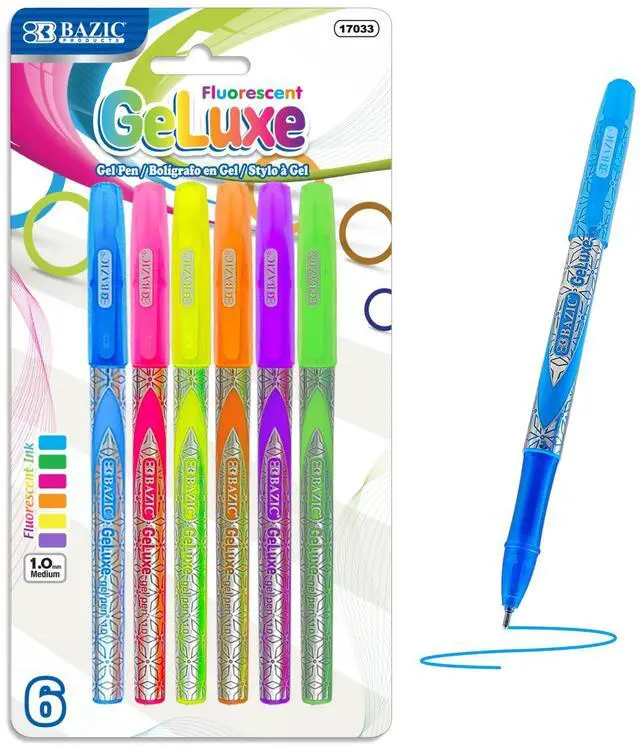 Main image of GeLuxe Fluorescent Gel Pens, 1.0mm Medium, 6 Colors | Smooth quick-dry ink, GeLuxe fluorescent-color gel pens, 1.0 mm medium, notes, journaling, coloring, Pocket clip